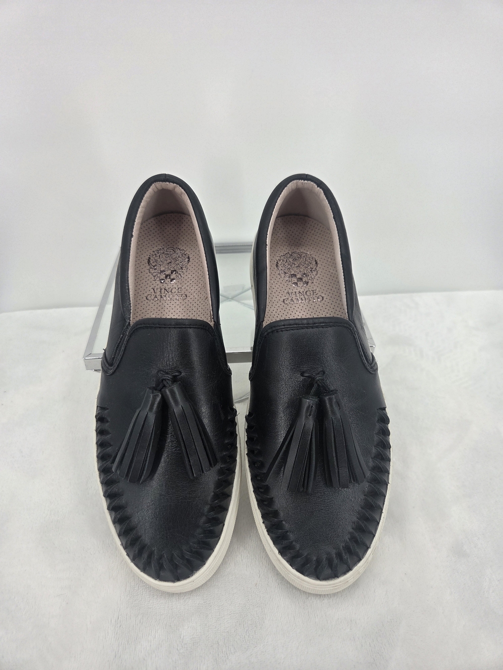 Vince Camuto Kayleena Black Leather Tassel Platform Slip On Sneakers 8.5